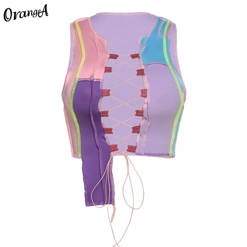 OrangeA Women Ribbed Sexy Hollow Out Clubwear Y2K Top Striped Patchwork Stretchy Bandage Drawstring Sleeveless Party Streetwear