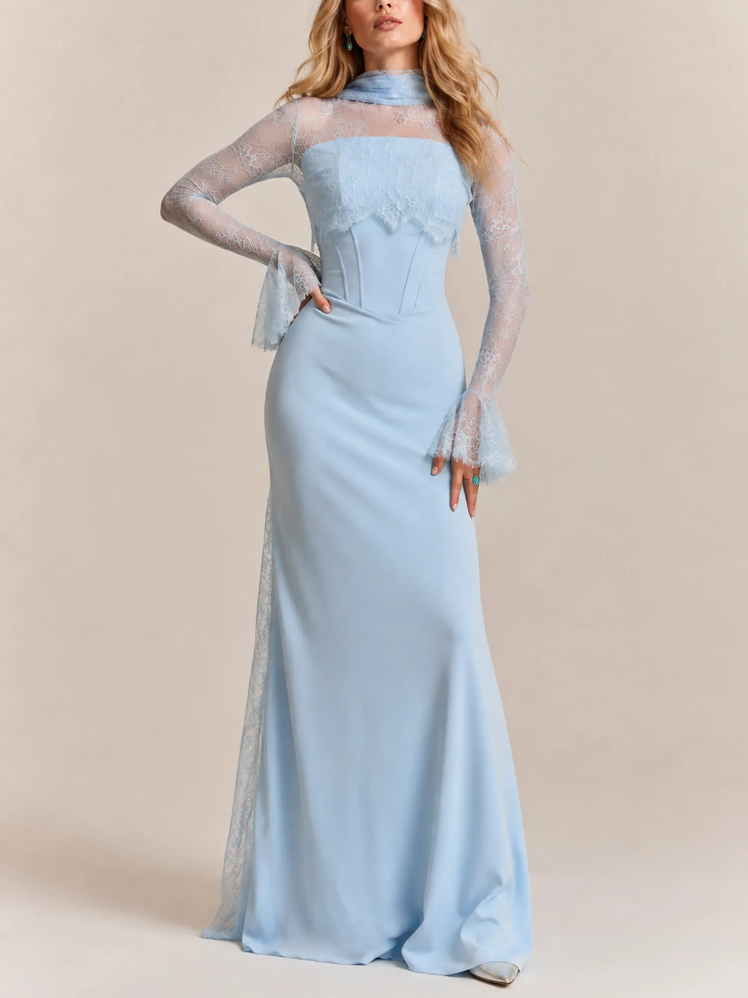 The sophisticated choice for a stylish desert cocktail night &mdash; a high-neck, breathable lace-covered, slim-fitting, soft-lined Maxi Dresses