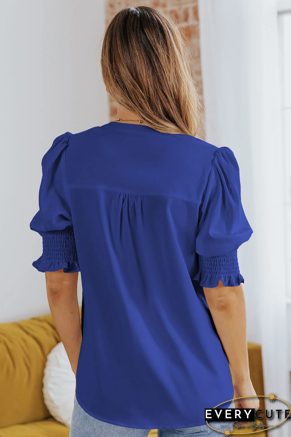 Blue Solid Color Half Sleeve V Neck Blouse