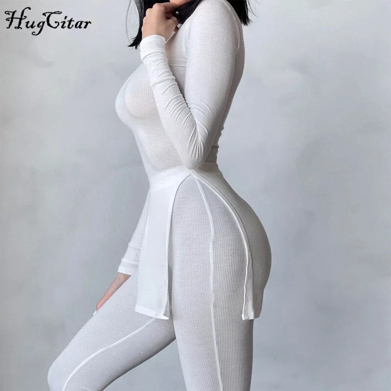 Hugcitar 2021 Long Sleeve O-Neck Skinny Stretchy Solid Print Jumpsuit Summer Women Fashion Streetwear Romper