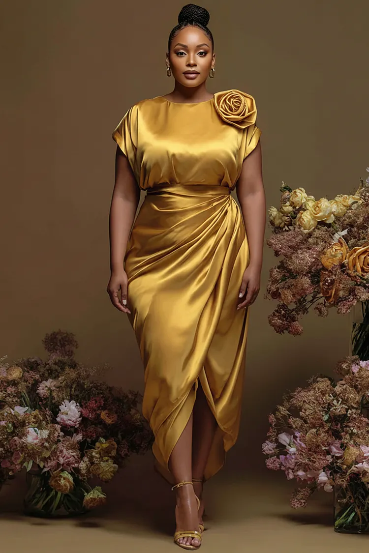 Xpluswear Design Plus Size Cocktail Party Gold Round Neck Short Sleeve Fold 3D Satin Maxi Dresses [Pre-Order] 2024 - Xpluswear