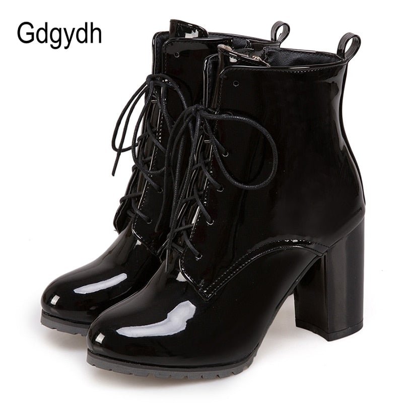 Gdgydh Big Size 48 Patent Leather Boots For Women Lace up High Heels Shoes Spring Autumn Black Footwear Female Ankle Boots Zip