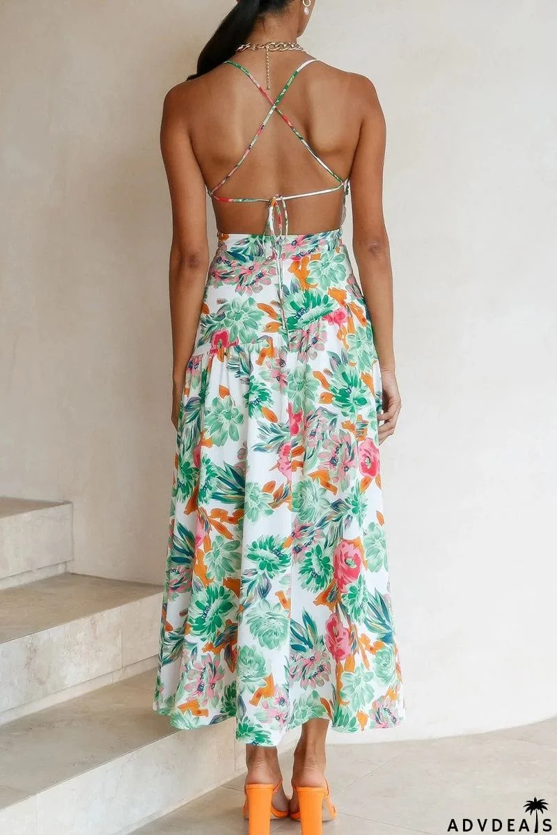 Elegant Print Frenulum Oblique Collar A Line Dresses