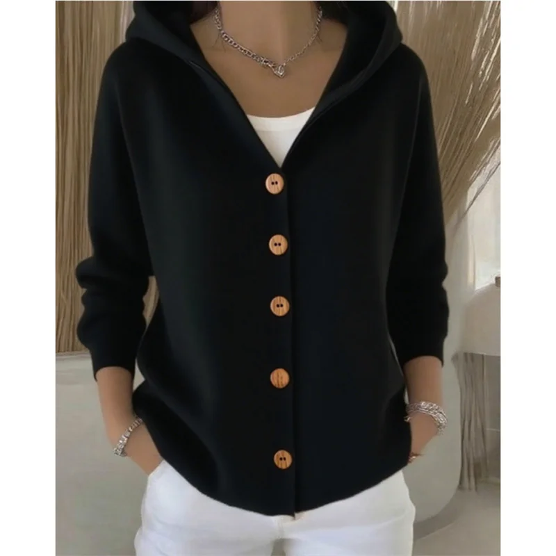 Athvotar Athvotar Knitted Hooded Sweater Button Open Shirt Jacket Autumn And Winter New Solid Color Casual Fashion Sweater