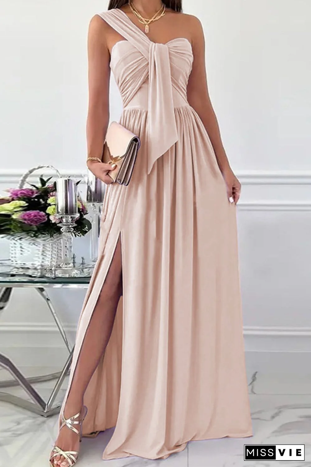 Elegant Formal Solid Asymmetrical Solid Color One Shoulder Irregular Dress Dresses(7 Colors)