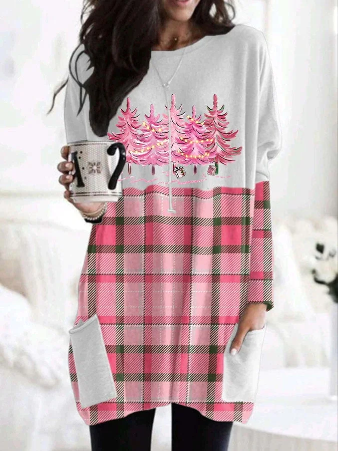 Pink Christmas Tree Print Pocket Top