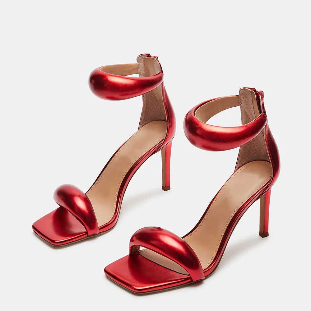 Red Opened Square Toe Padded Strappy Back Zipped Sandals With Stiletto Heels Nicepairs
