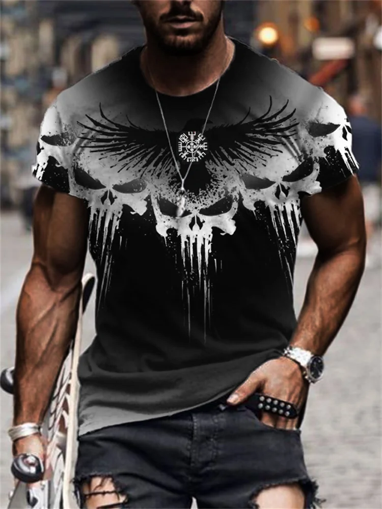 Men's Viking Vegvisir Raven Skulls Contrast T Shirt
