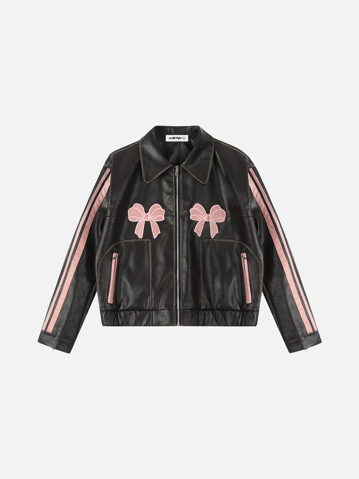 Black Act Chic Vintage Bow Embroidery PU Leather Jacket Front