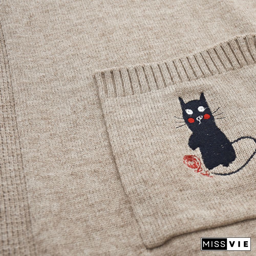 Cat And Mouse Embroidery Cardigan Sweater