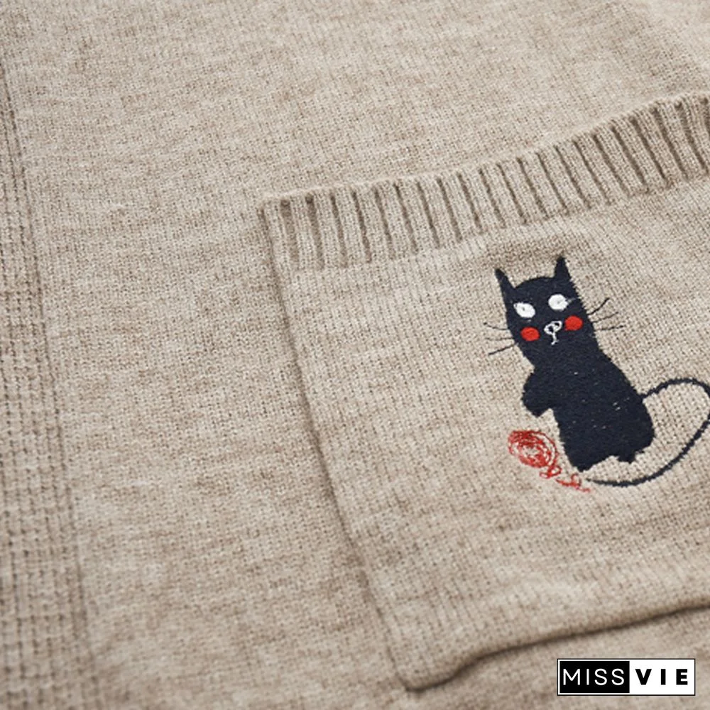 Cat And Mouse Embroidery Cardigan Sweater