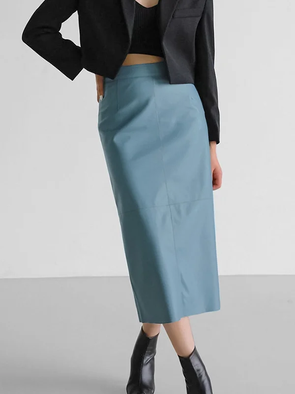 Split-Joint Split-Back Solid Color Skinny PU Skirts