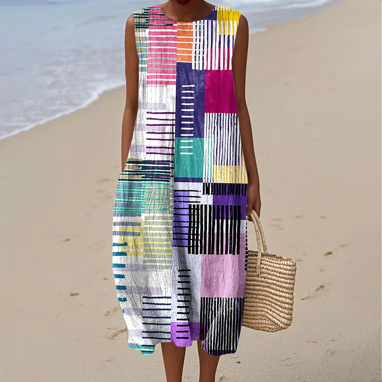Women's Fashion Color Block Line Art Print Sleeveless Cotton Pocket Wrap Dress