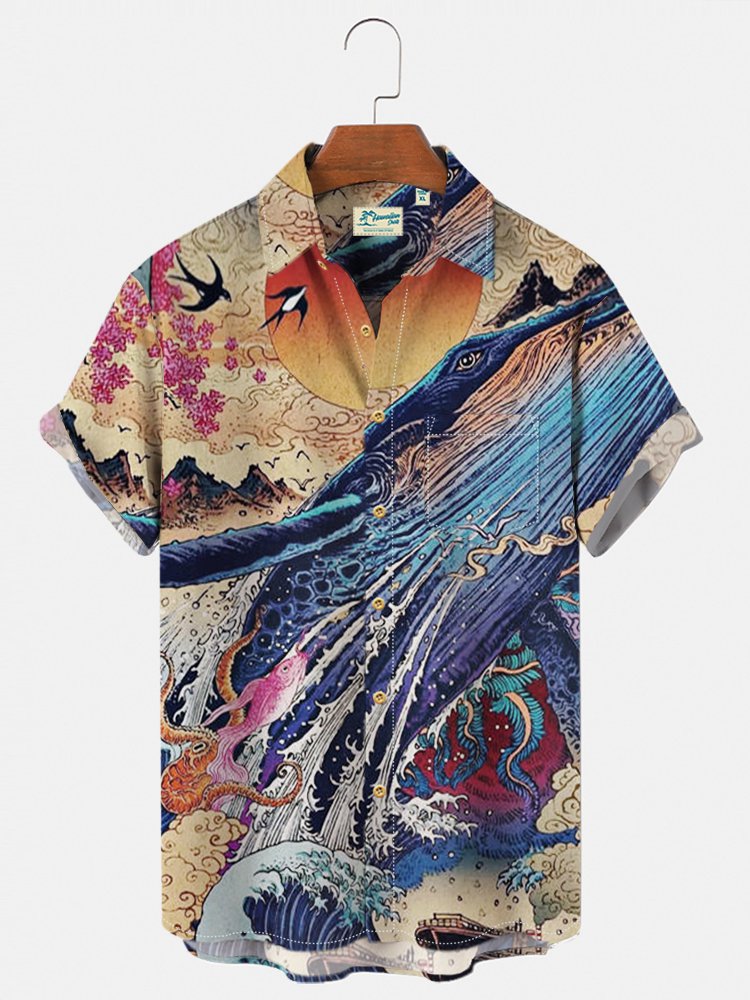 Men's Vintage Casual Shirts Chinoiserie Oriental Japanese Ukiyo-e Whale ...