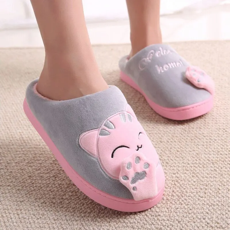Qengg Women's Plush Slippers Winter House Shoes Women Warm Home Couple Shoes Female Cat Animal Ladies Slip On Flats Woman Plus Size 44