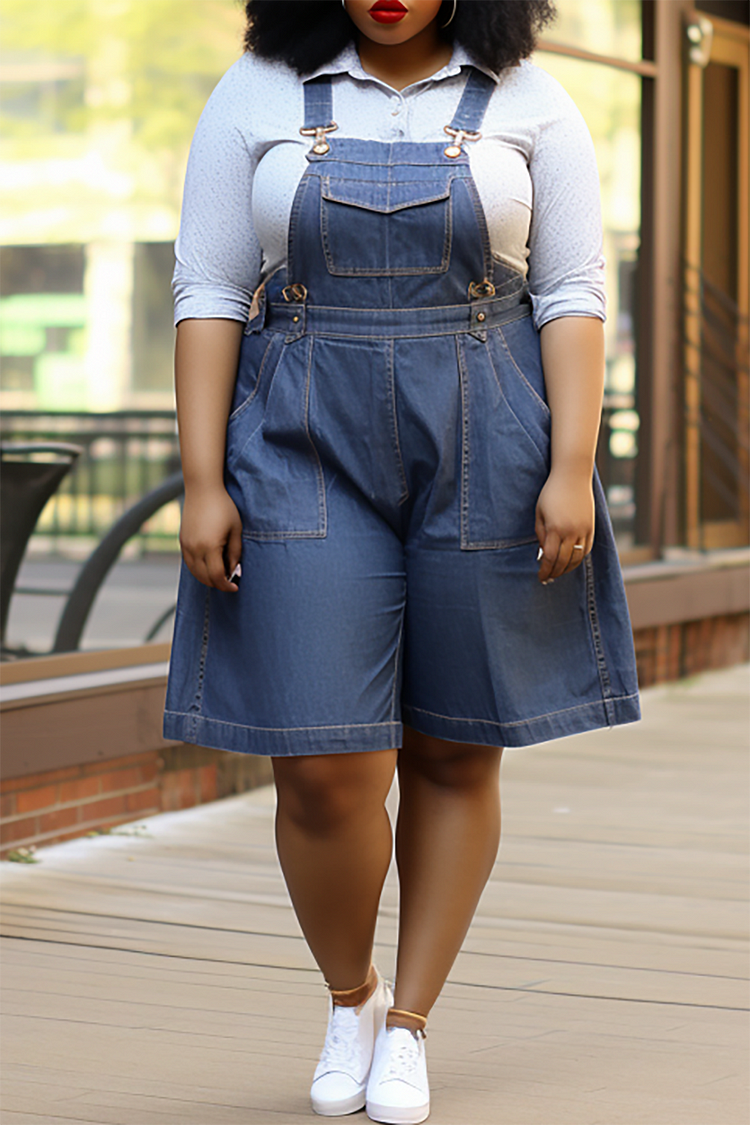Plus Size Daily Blue Spring Summer Pocket Overall Denim Rompers [Pre-Order]