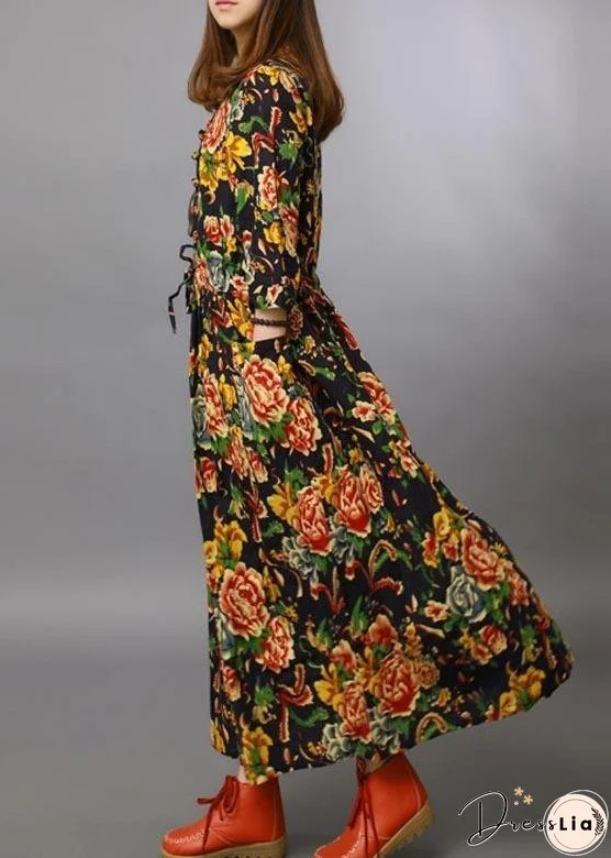 Loose Stand Collar Half Sleeve Spring Tunics For Women Black peony Maxi Dresses