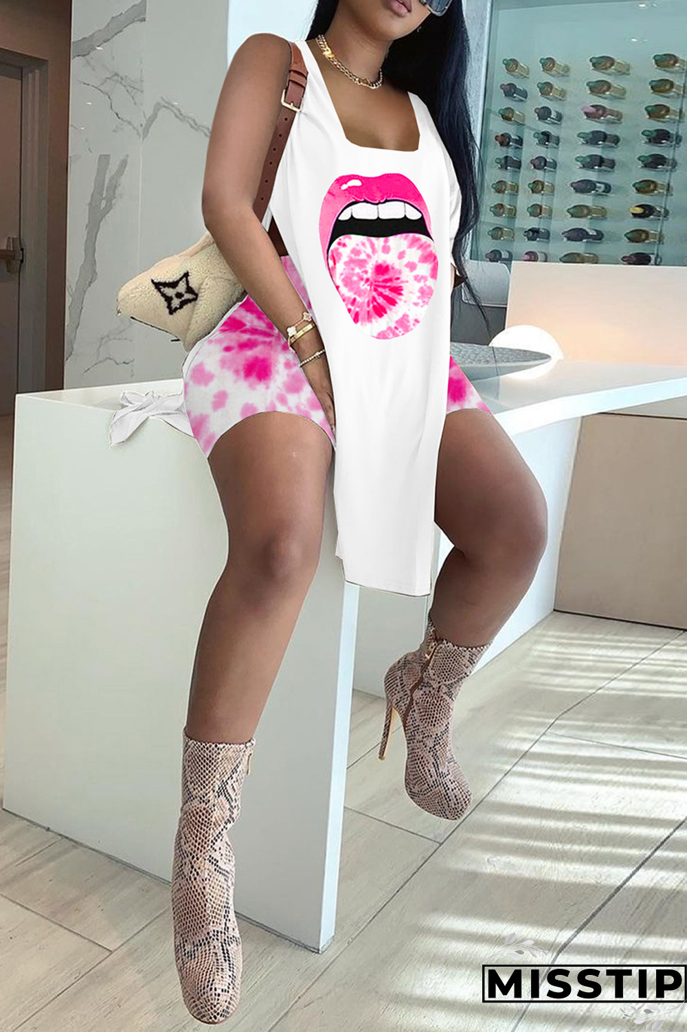 Green Sexy Print High Opening U Neck Sleeveless Two Pieces