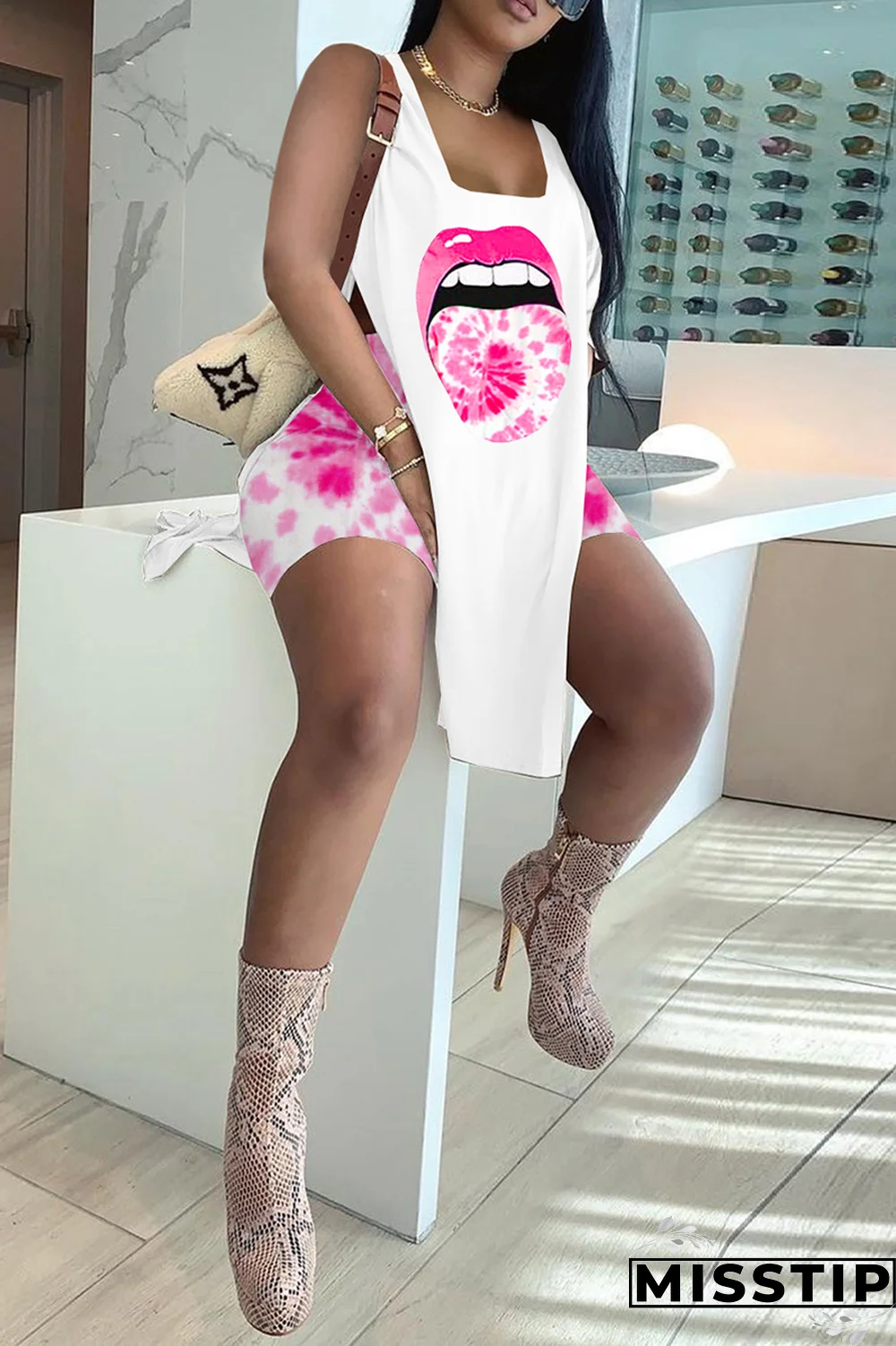 Green Sexy Print High Opening U Neck Sleeveless Two Pieces