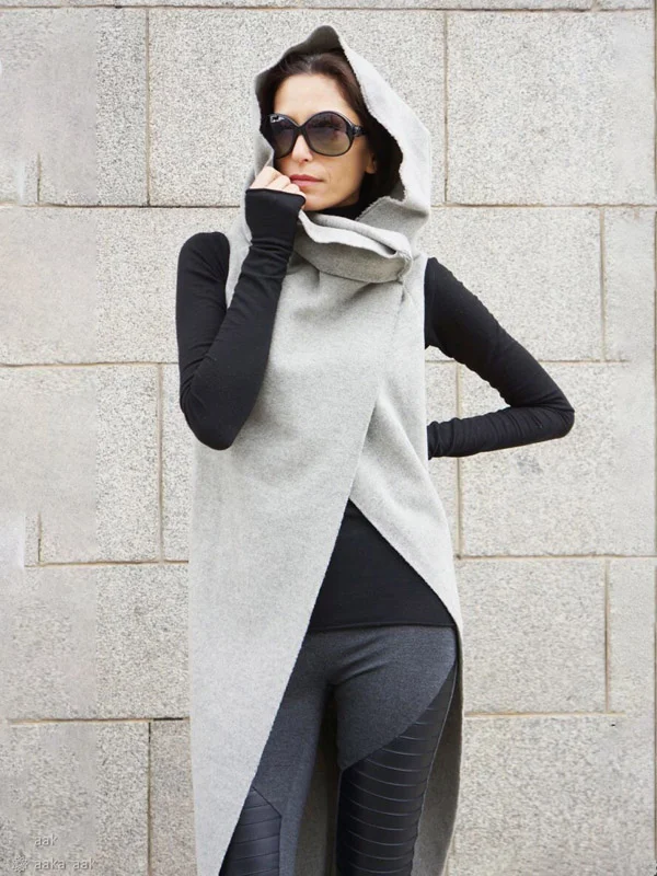 Pure Color Asymmetric Heaps Collar Hooded Sleeveless Vest Tops