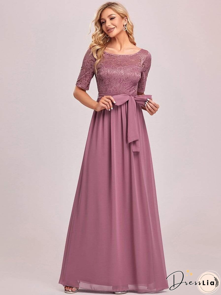 Sophisticated Lace Bodice Chiffon Maxi Evening Gown with Belt for Elegant Occasions