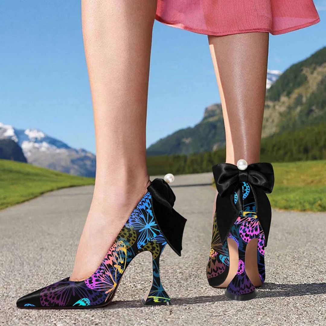 Multicolor Butterfly Pointed Toe Flared Heel Pearl Bow Pumps Shoes