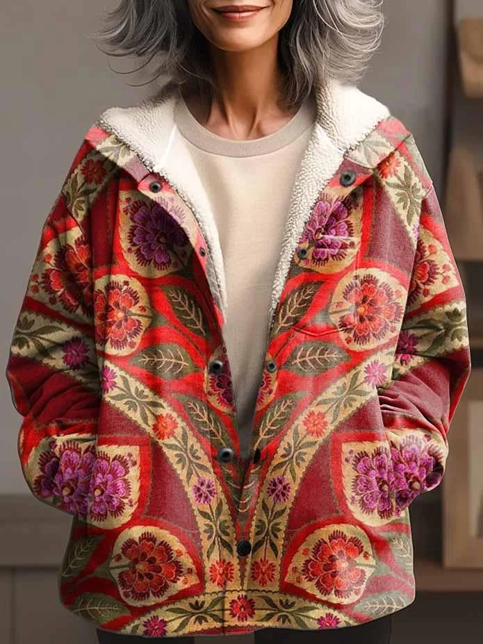 Women's Vintage Boho Pattern Waffle Plush Thick Long-Sleeved Hooded Coat