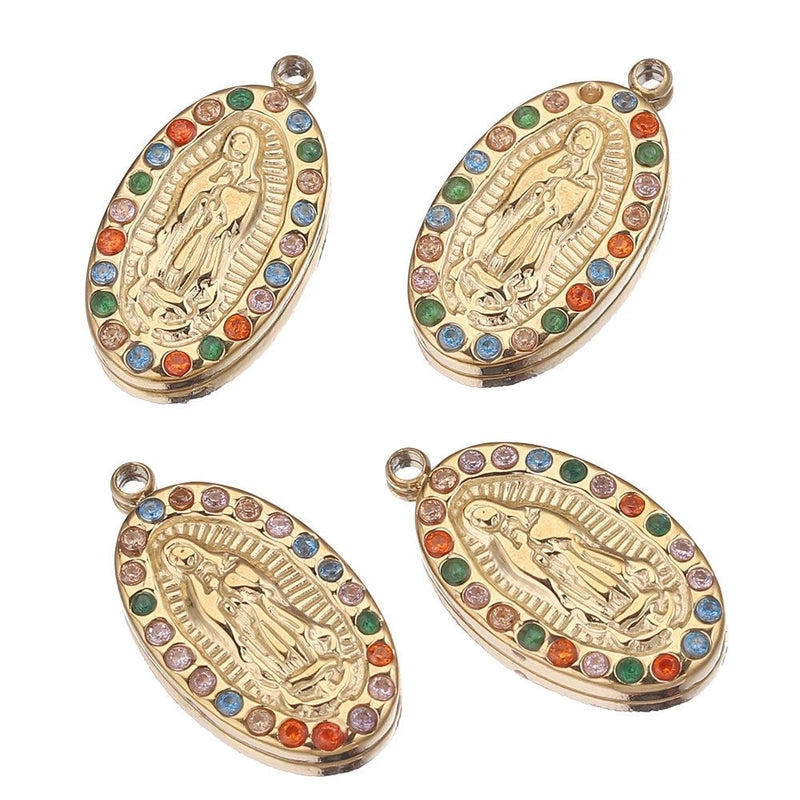 4 Pieces Per Pack 304 Stainless Steel Rhinestones Virgin Mary Color Block Pendant Jewelry Accessories