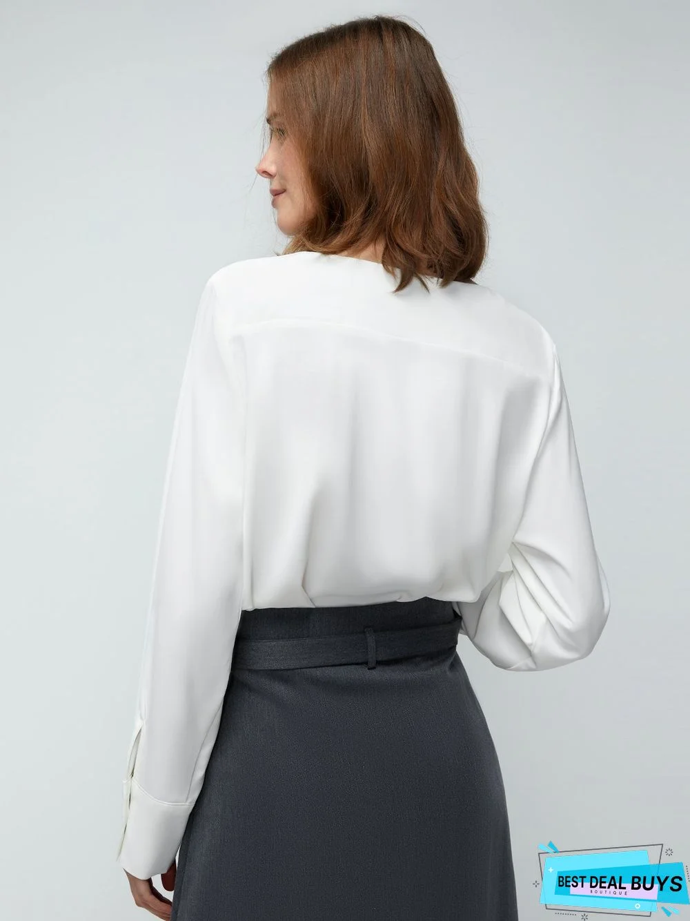 White Daily Long sleeve Plain V Neck Simple Blouse