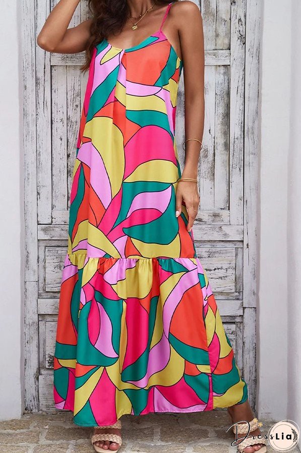 Multicolor Geometric Colorblock V Neck Tiered Maxi Dress