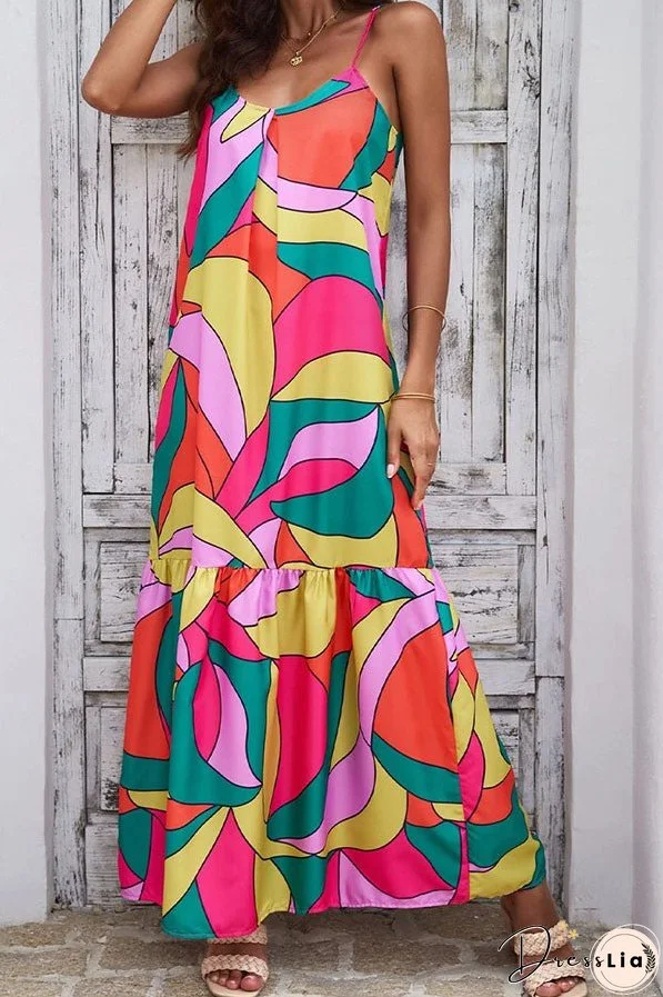 Multicolor Geometric Colorblock V Neck Tiered Maxi Dress