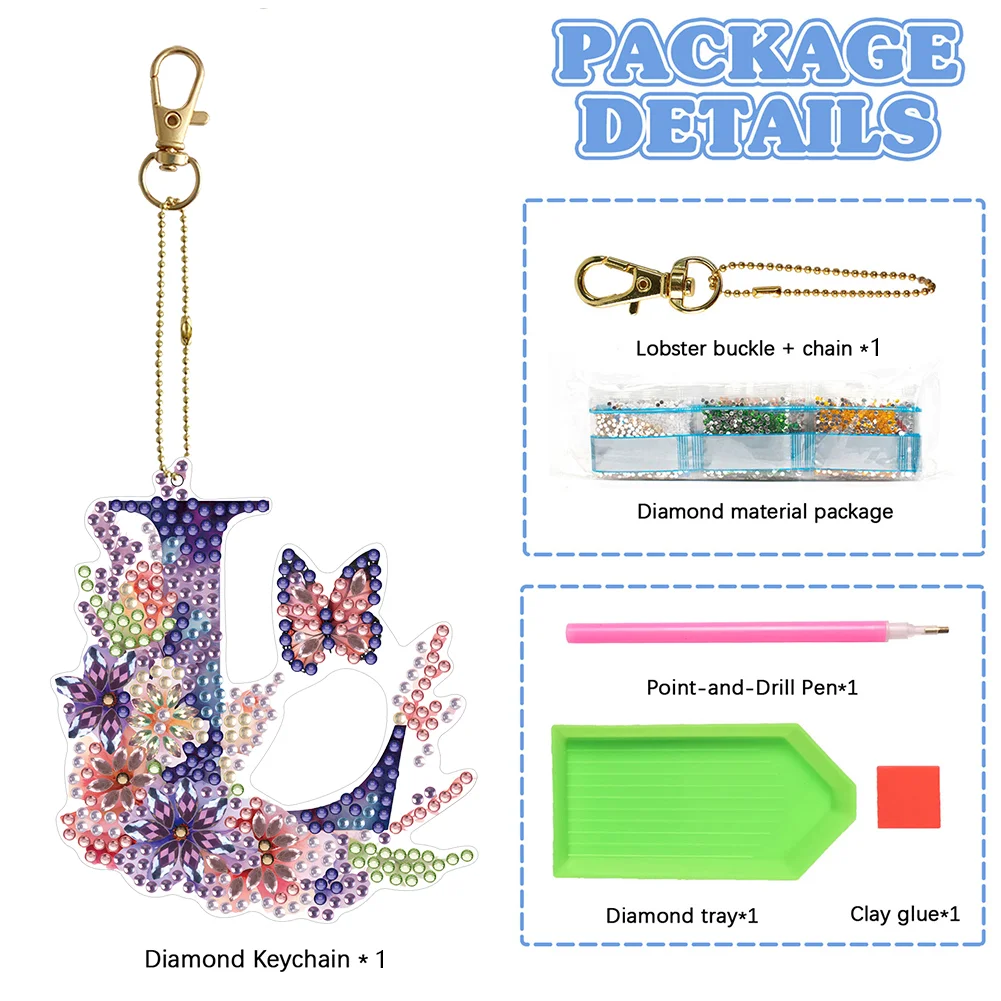 DIY L Diamond Art Key Rings Lettter Keychain Supplies Gift for Kids(Double Sided)