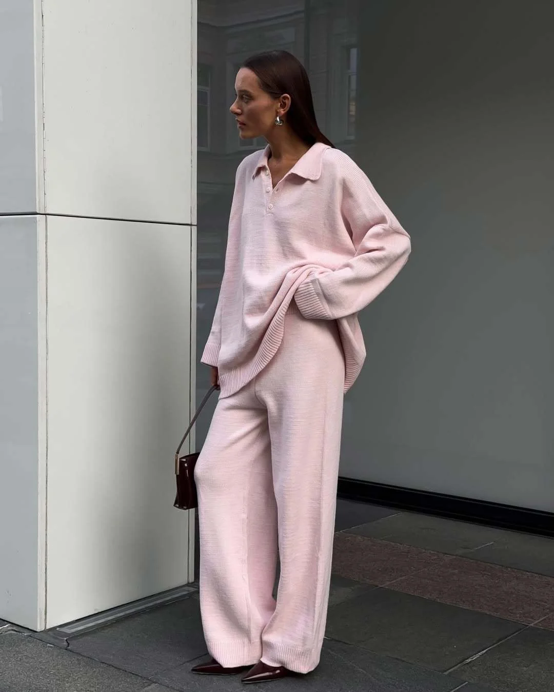 Athvotar Athvotar And Winter Solid-Color Lap-Over Sweater Set Women's Loose Knit Polo Collar Sweater Broad Leg Pants Two-Set