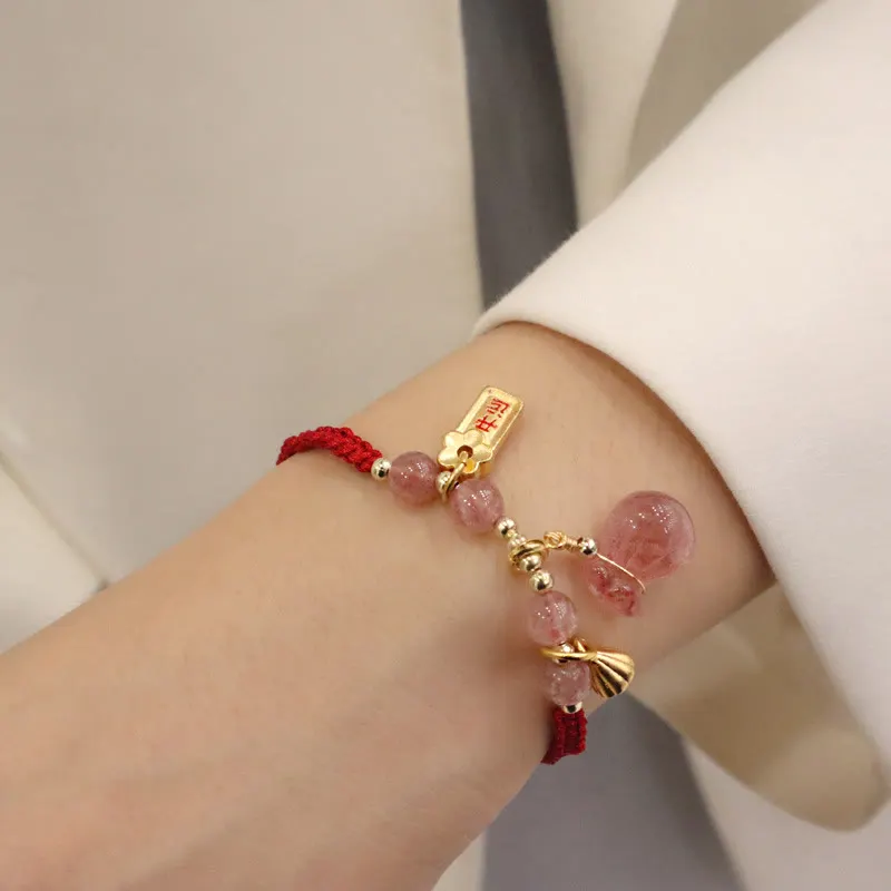 Strawberry Quartz Money Bag Lotus Healing Charm Red String Braided Bracelet