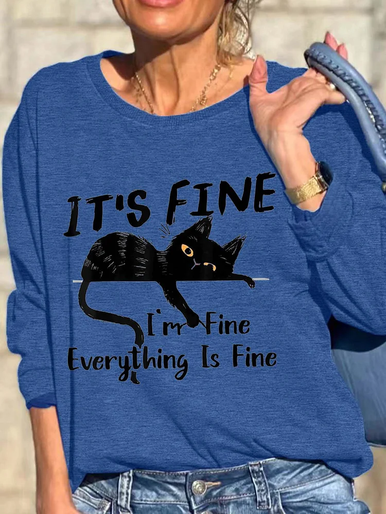 Women Black Cat It’s Fine Loose Crew Neck Casual Sweatshirts