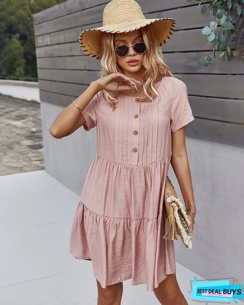 Women's Solid Color Dress Spring and Summer Short Sleeve Cotton Skirt