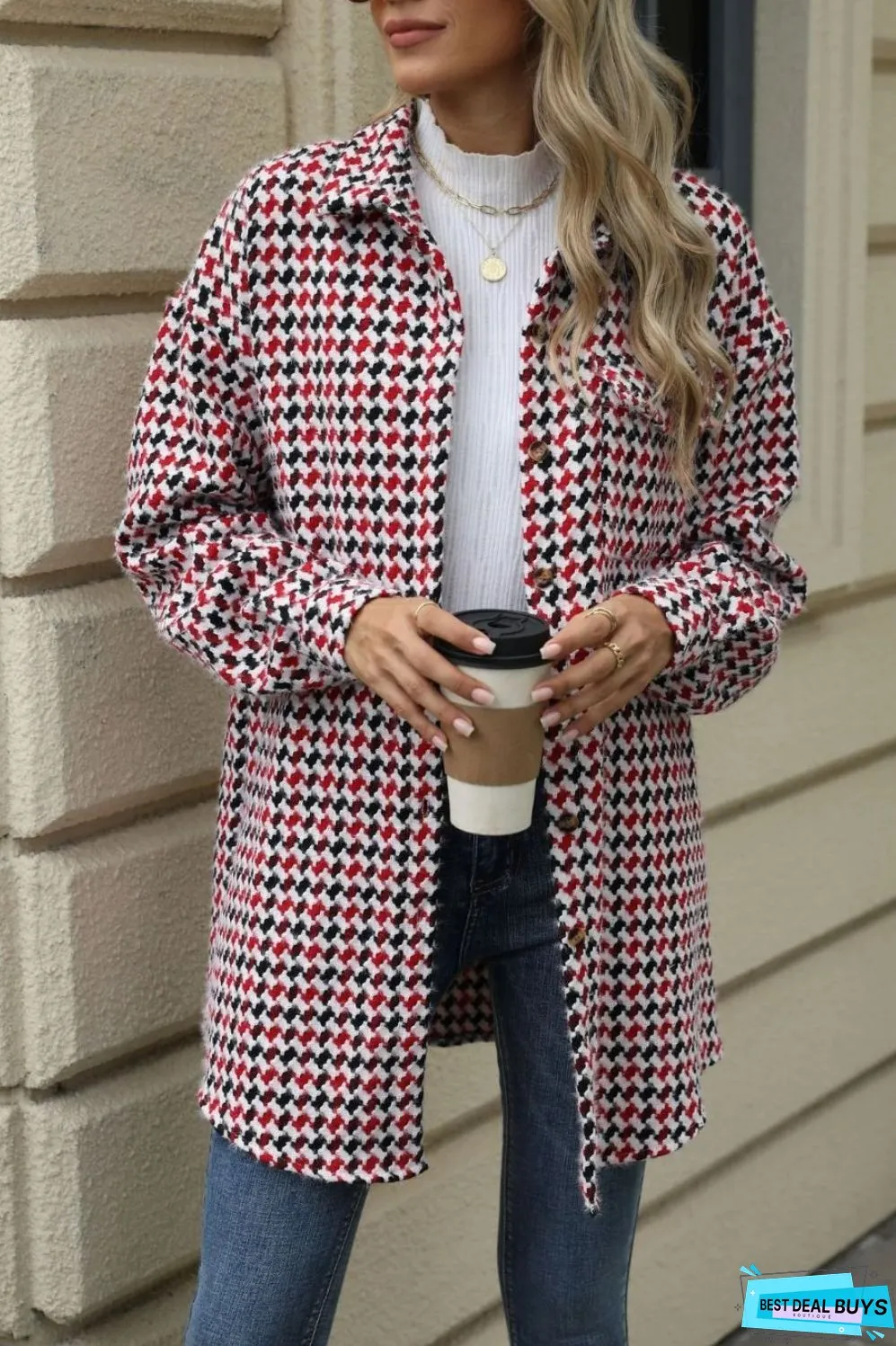 Houndstooth Button Up Dropped Shoulder Coat