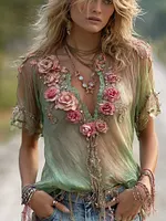 Vintage Bohemian Small Floral Sequin Pink Green V-neck Short Sleeve Top