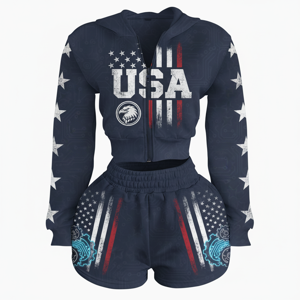 American Retro USA Stars And Stripes Short Hoodie Set - Helixace