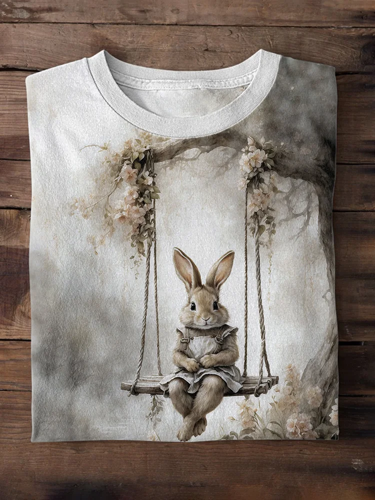 Comstylish Cute Bunny Watercolor Painting Print Vintage Short Sleeve T-Shirt