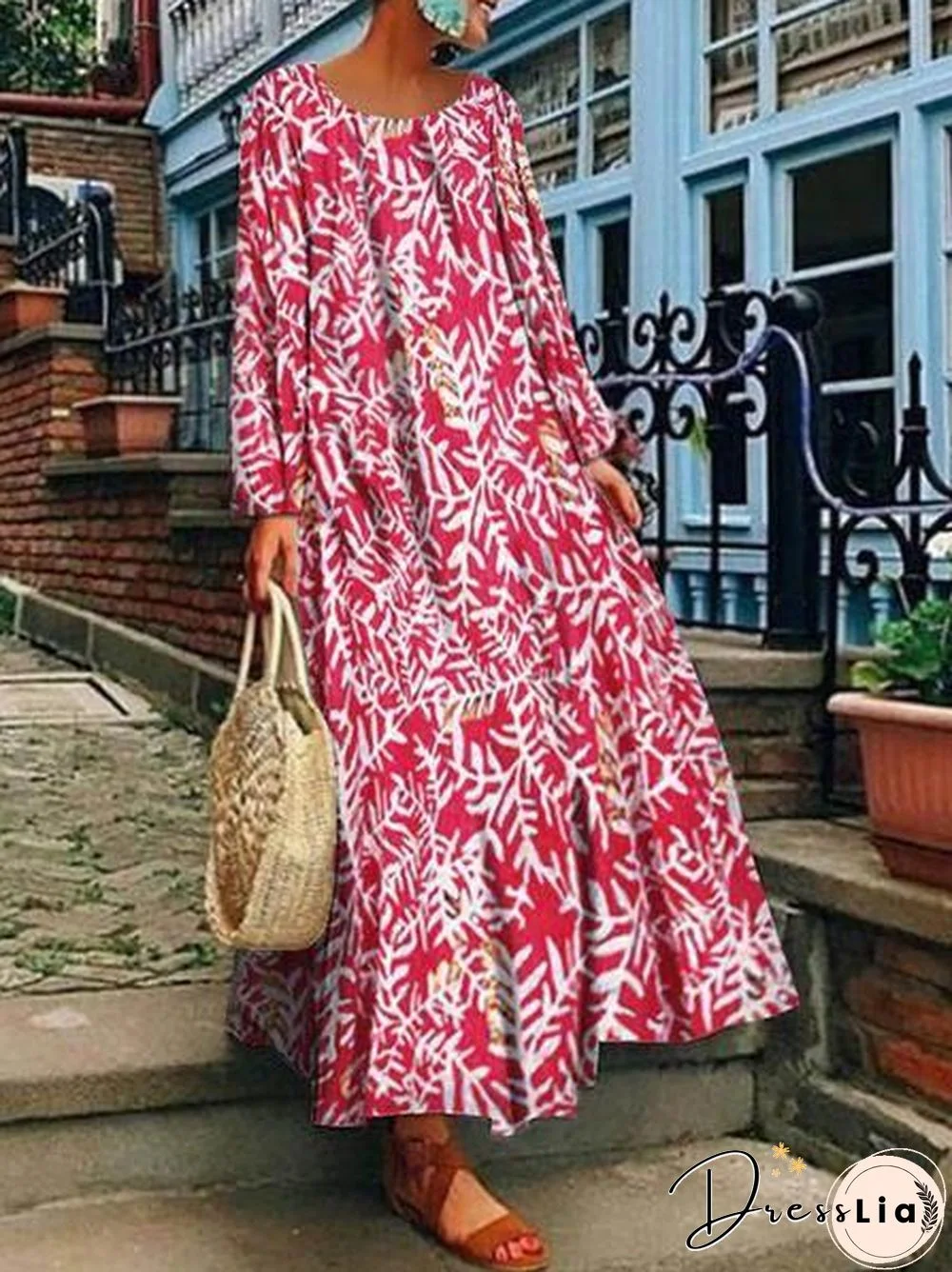 Summer Printed Long Sleeve Dress Long Skirt