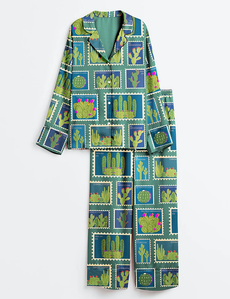 Women&rsquo;s Vintage Chinga La MigraSecret Message Postage Stamps Anti ICE Tee Abolish Ice Print Long Sleeve Satin Pajama Set