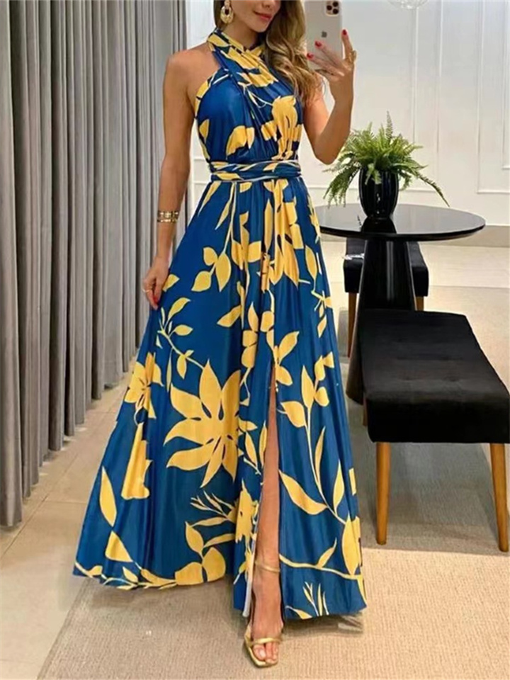 Summer Women's Sexy Leaky Back One Shoulder Sleeveless Printed High Waist Irregular Long Dresses