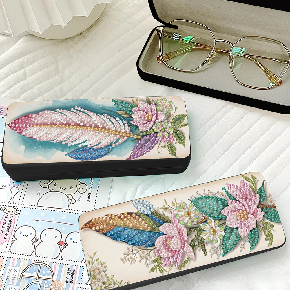 2Pcs 5D DIY Feather Diamond Painting Glasses Case Kit Diamond Art Glasses Case