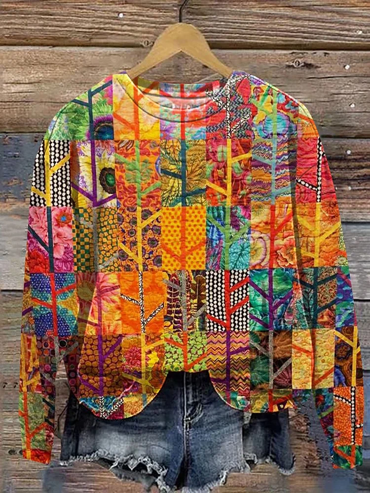 Vintage Colorful Leaf Patchwork Art Print Casual  Sweatshirt