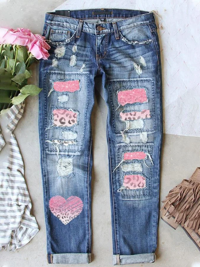 Vintage Valentine's Day Leopard Pink Heart Print Ripped Jeans