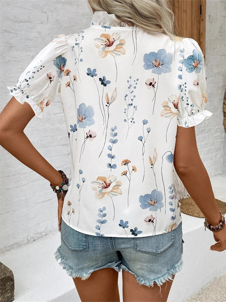 Women's New Ruffles V-neck Printed Bubble Sleeve Women's Shirt-JRSEE