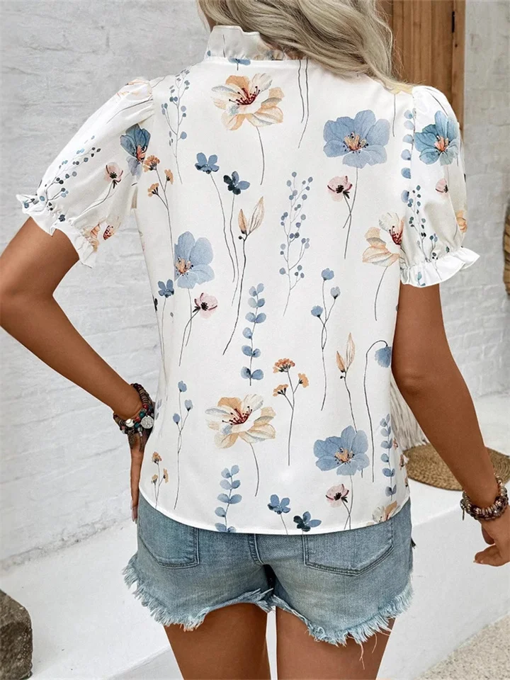 Women's New Ruffles V-neck Printed Bubble Sleeve Women's Shirt-JRSEE