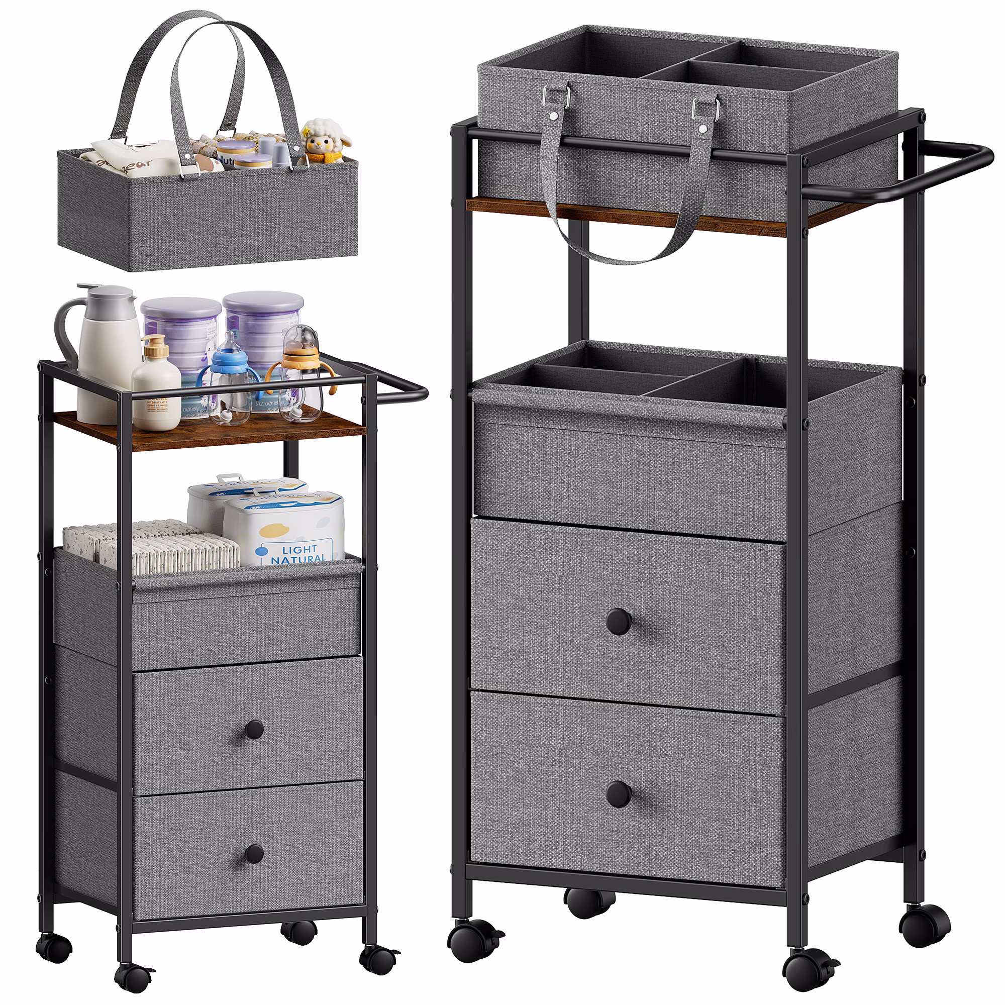 Baby Diaper Caddy Organizer Cart with Drawers - 3In1 Rolling Storage Cart with Wheels, Removable Diaper Caddy, Detachable Dividers - for Crib, Bedroom, Art & Craft Organizer (Black)
