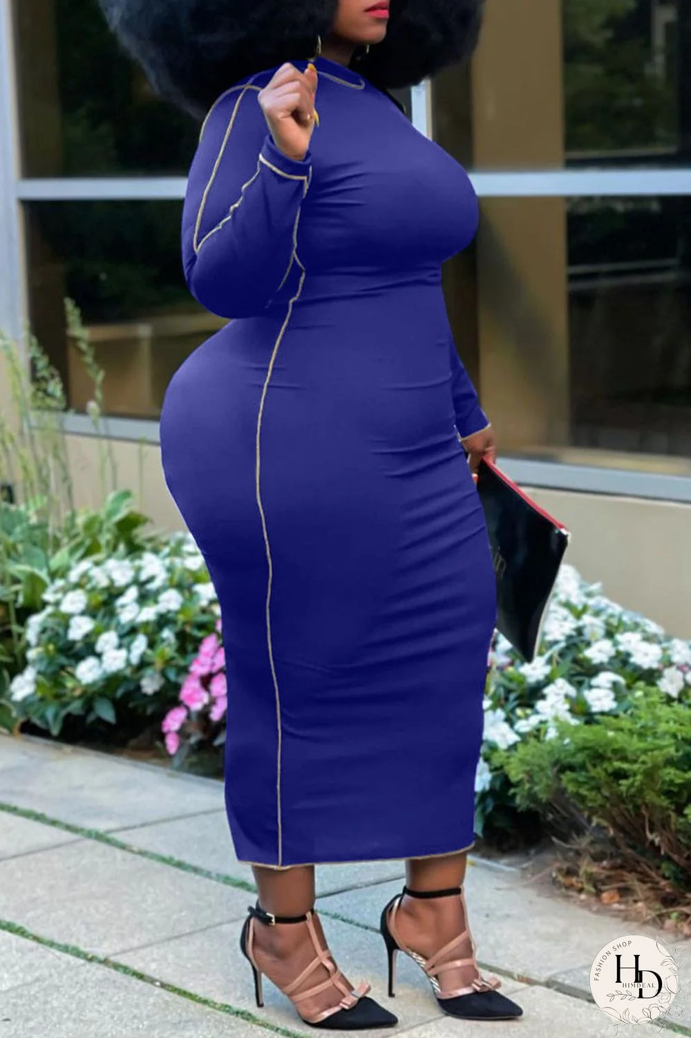 Blue Casual Solid Split Joint O Neck One Step Skirt Plus Size Dresses